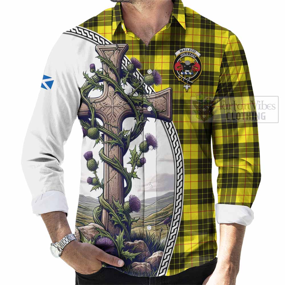 Tartan Vibes Clothing MacLeod (McLeod) Tartan Long Sleeve Button Shirt with Family Crest and St. Andrew's Cross Accented by Thistle Vines