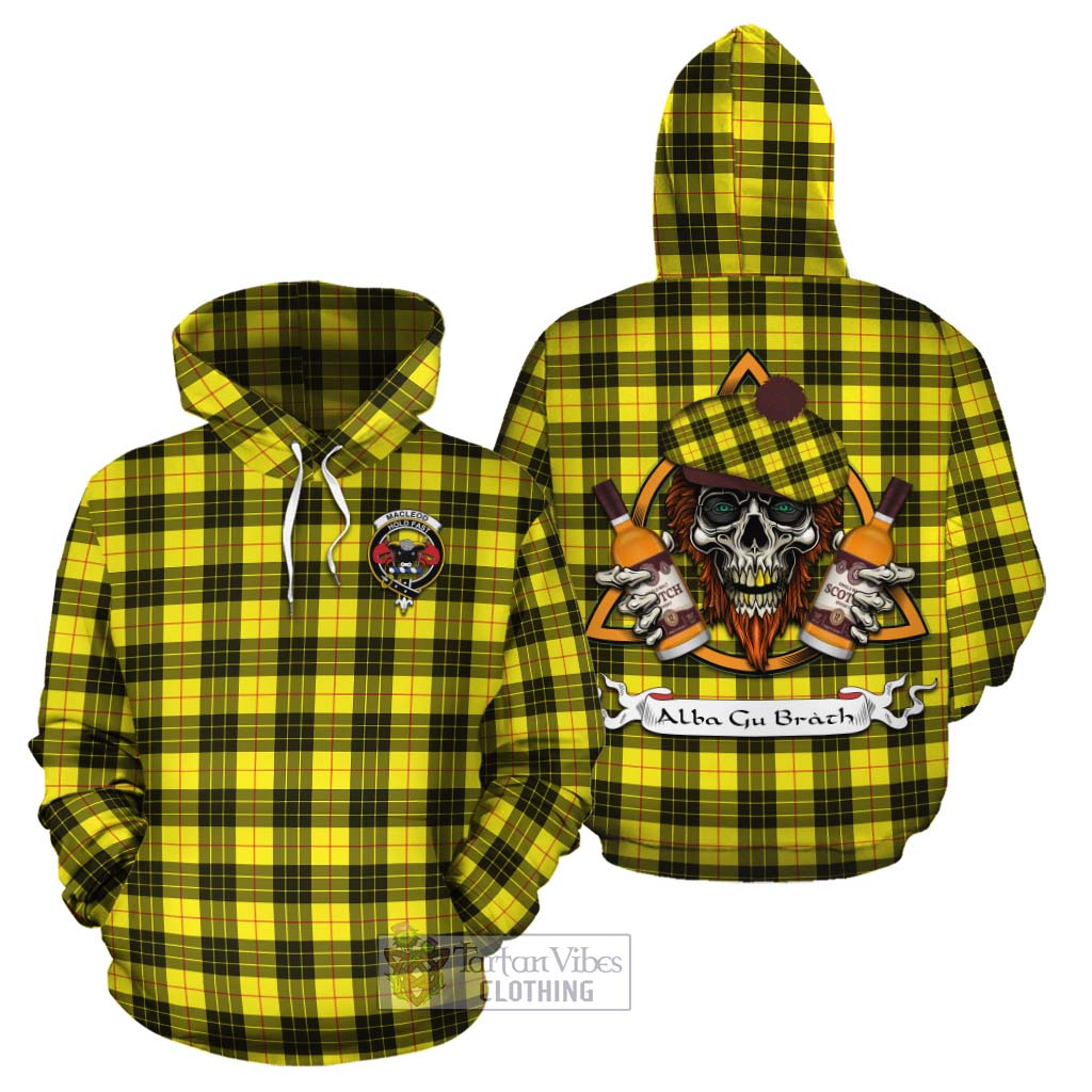 Tartan Vibes Clothing MacLeod (McLeod) Tartan Cotton Hoodie with Family Crest and Bearded Skull Holding Bottles of Whiskey