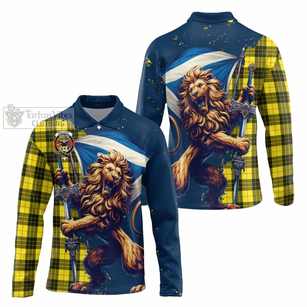 Tartan Vibes Clothing MacLeod (McLeod) Tartan Family Crest Long Sleeve Polo Shirt with Scottish Majestic Lion