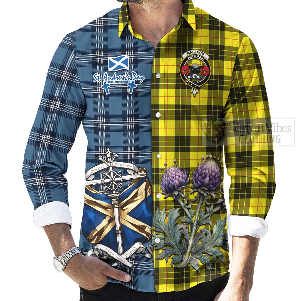 Tartan Vibes Clothing MacLeod (McLeod) Tartan Long Sleeve Button Shirt Happy St. Andrew's Day Half Tartan Style