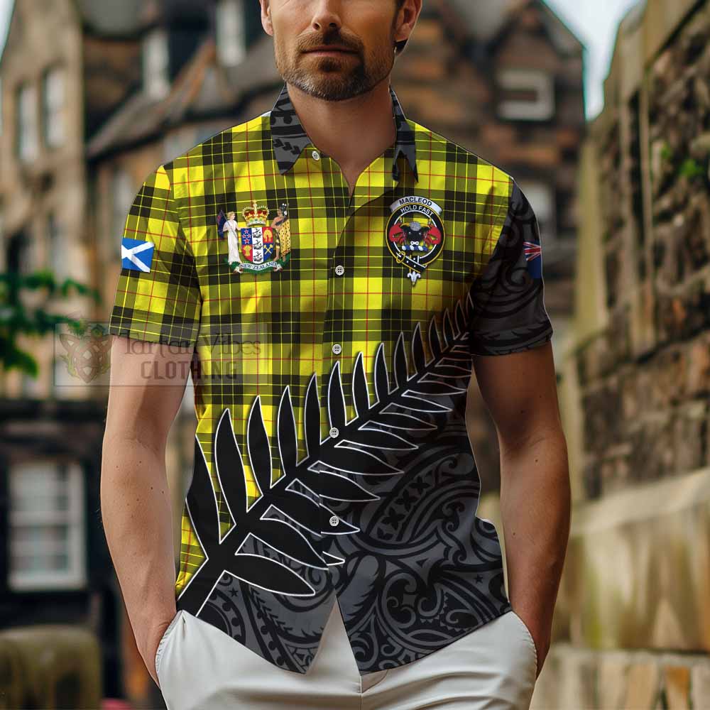 Tartan Vibes Clothing MacLeod (McLeod) Crest Tartan Short Sleeve Button Shirt with New Zealand Silver Fern Half Style