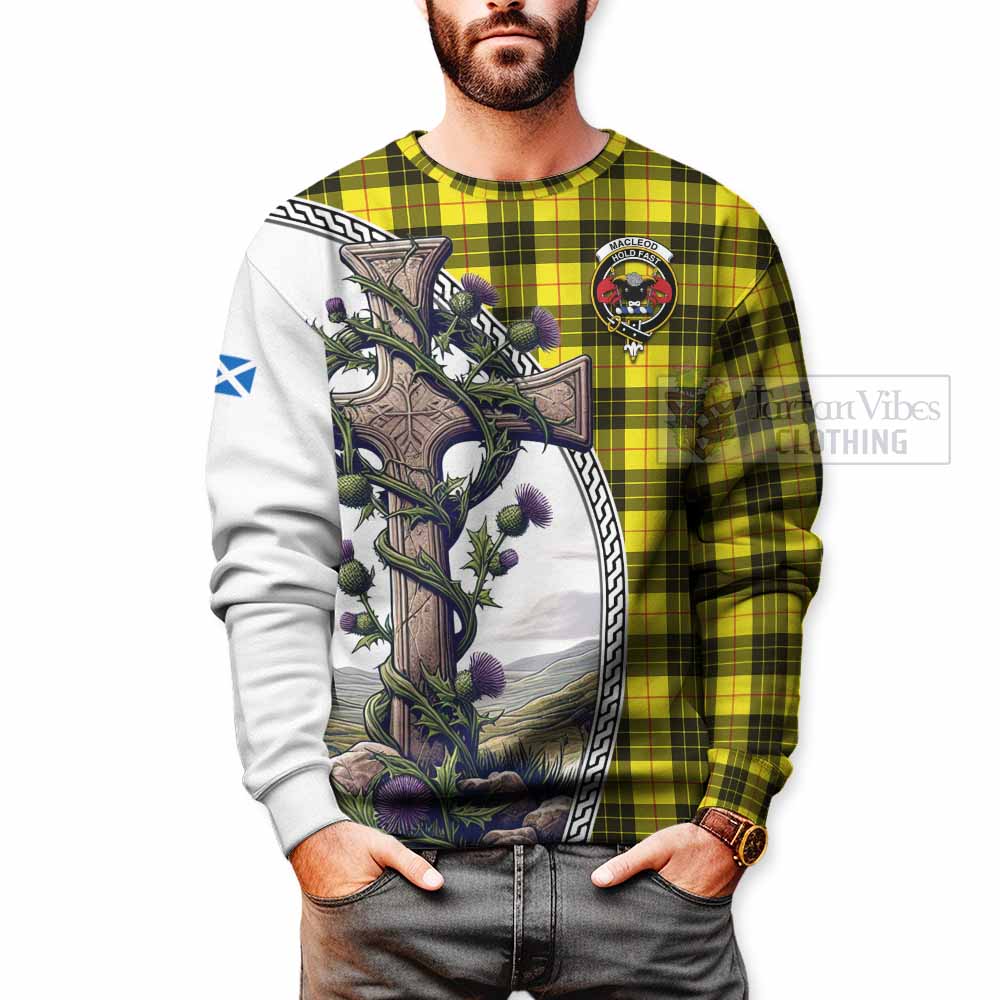 Tartan Vibes Clothing MacLeod (McLeod) Tartan Sweatshirt with Family Crest and St. Andrew's Cross Accented by Thistle Vines