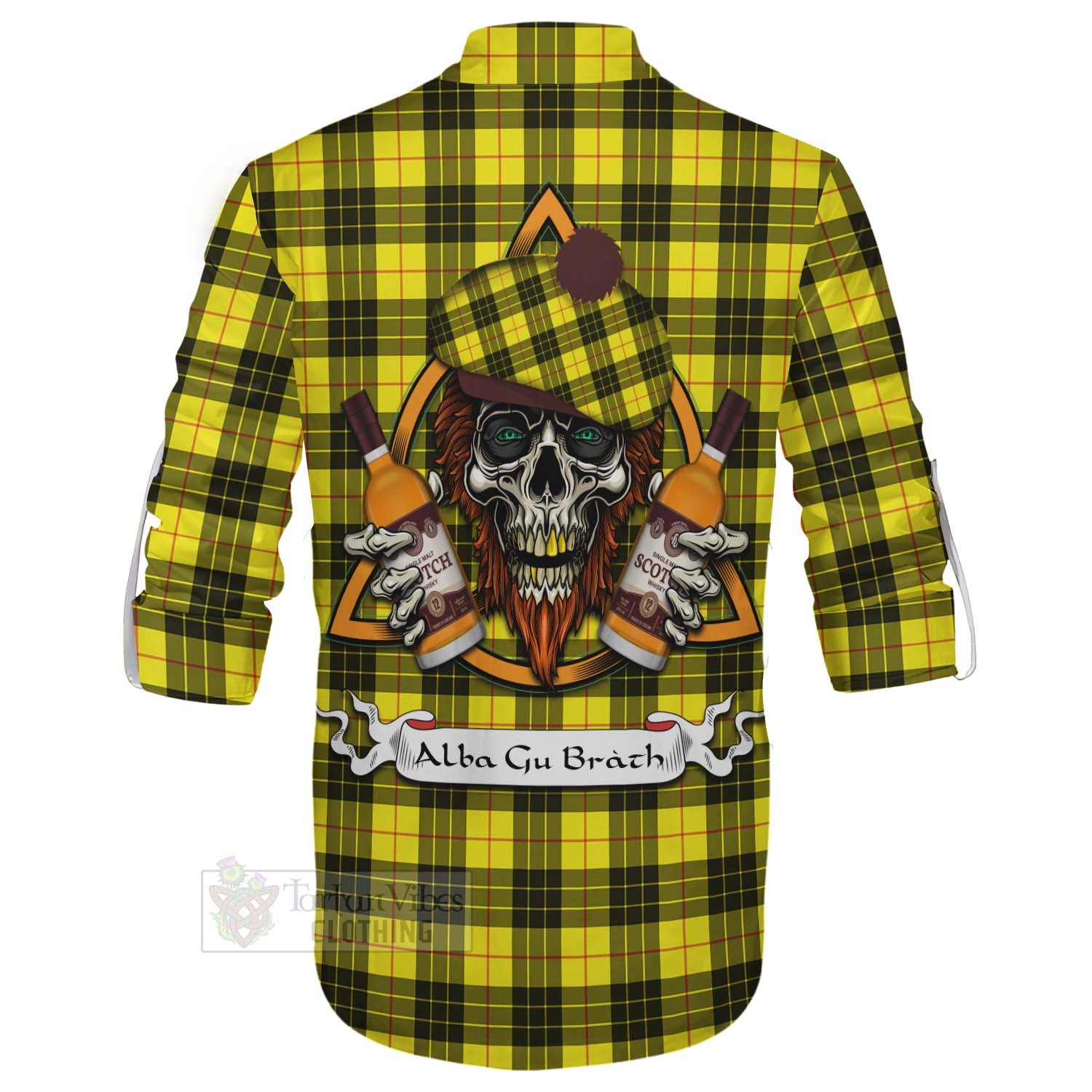 Tartan Vibes Clothing MacLeod (McLeod) Tartan Ghillie Kilt Shirt with Family Crest and Bearded Skull Holding Bottles of Whiskey