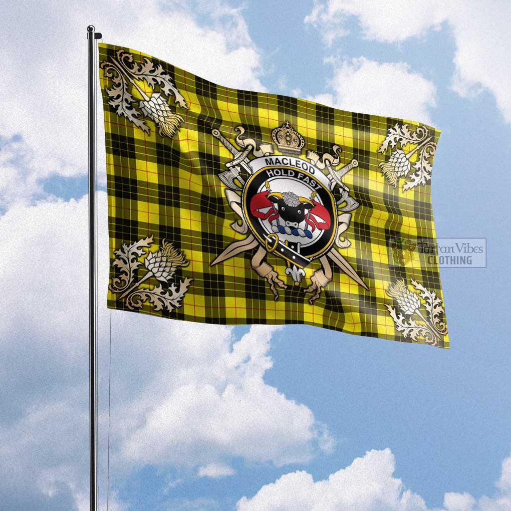 Tartan Vibes Clothing MacLeod (McLeod) Tartan Flag with Family Crest and Golden Thistle Crossed Sword Design