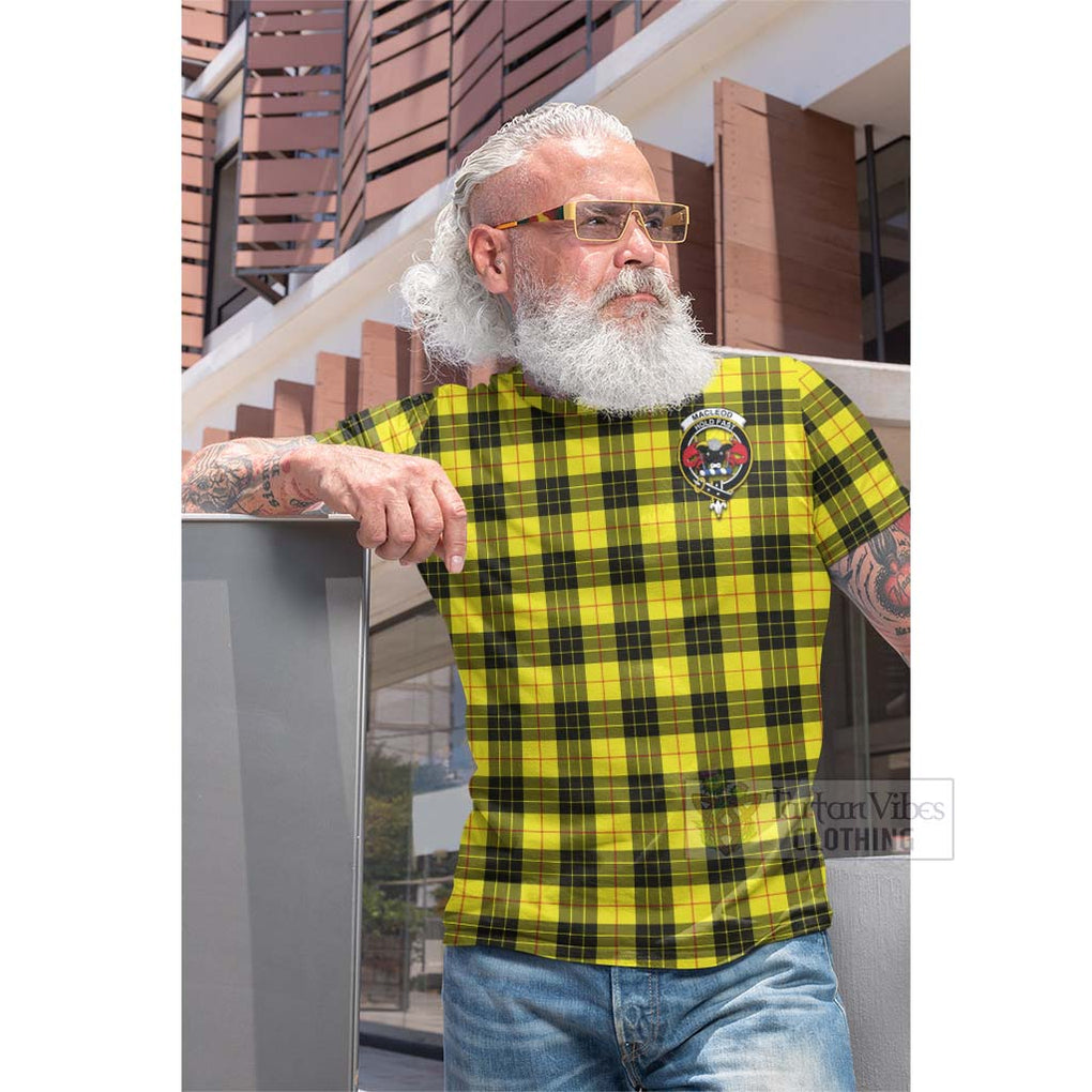 Tartan Vibes Clothing MacLeod (McLeod) Tartan Cotton T-shirt with Family Crest and Bearded Skull Holding Bottles of Whiskey