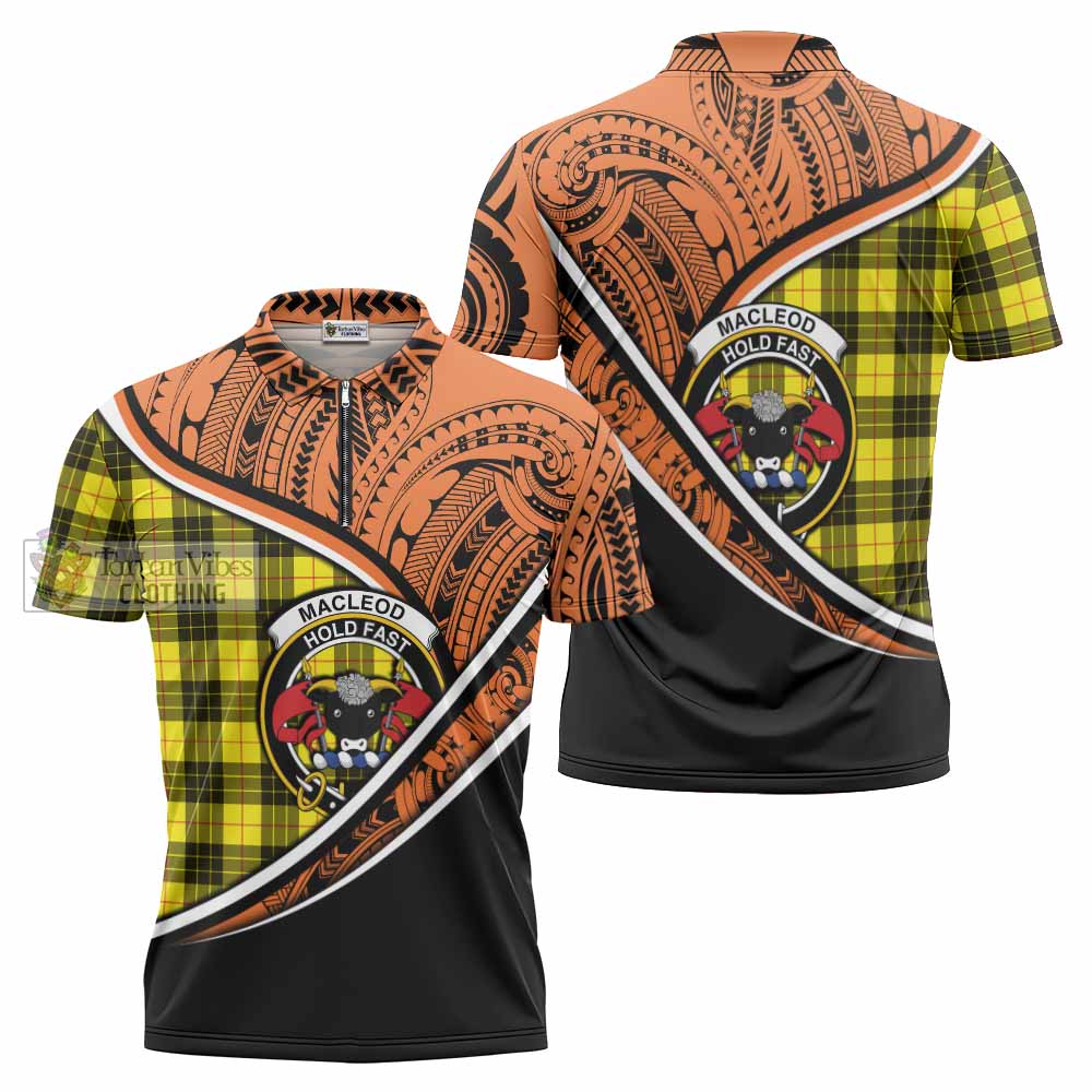 Tartan Vibes Clothing MacLeod (McLeod) Crest Tartan Zipper Polo Shirt with Maori Tattoo Style - Orange Version