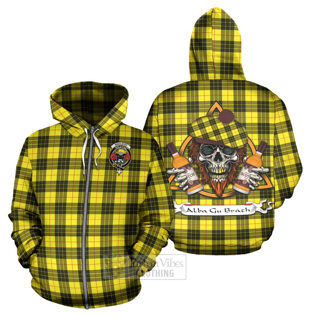 Tartan Vibes Clothing MacLeod (McLeod) Tartan Hoodie with Family Crest and Bearded Skull Holding Bottles of Whiskey