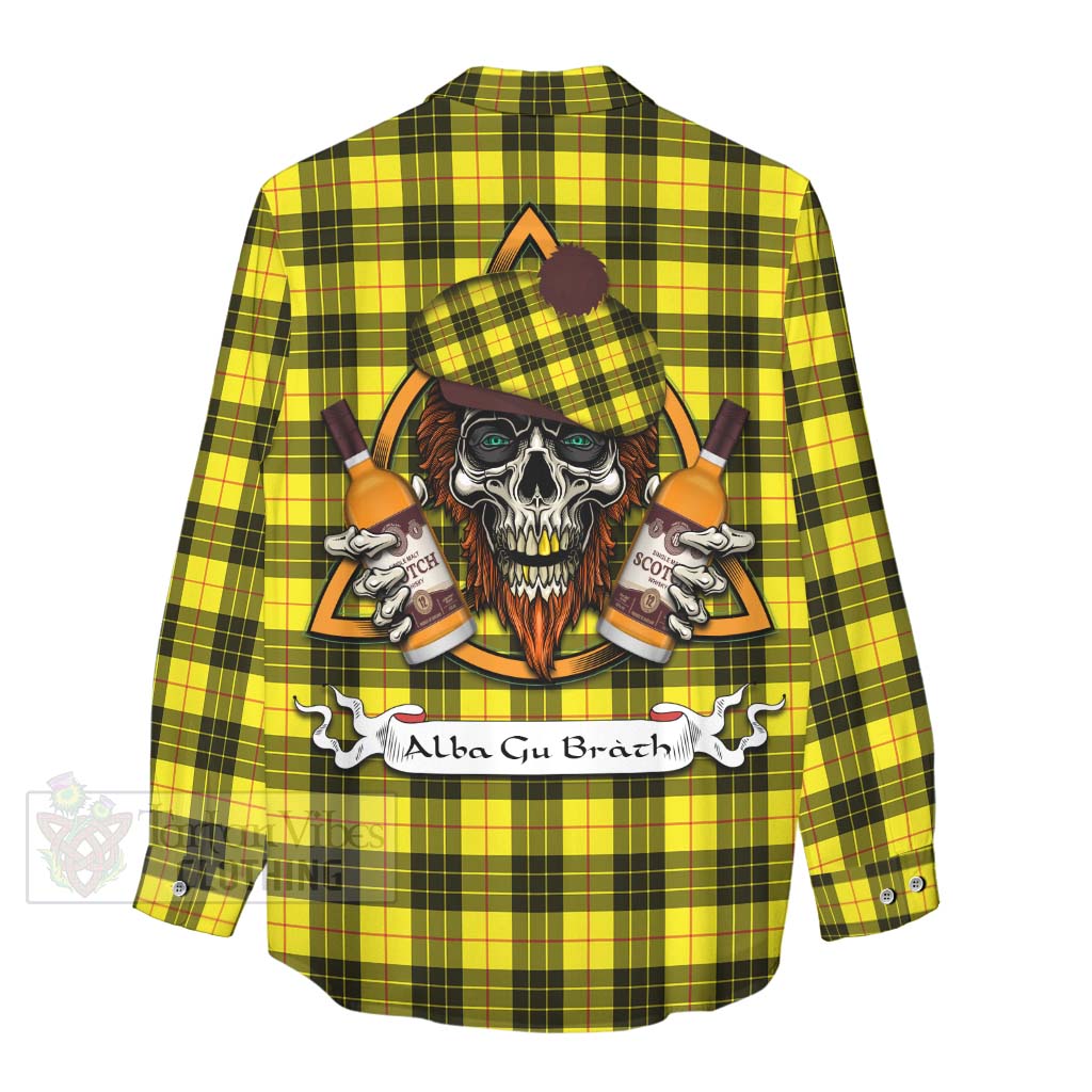 Tartan Vibes Clothing MacLeod (McLeod) Tartan Women's Casual Shirt with Family Crest and Bearded Skull Holding Bottles of Whiskey