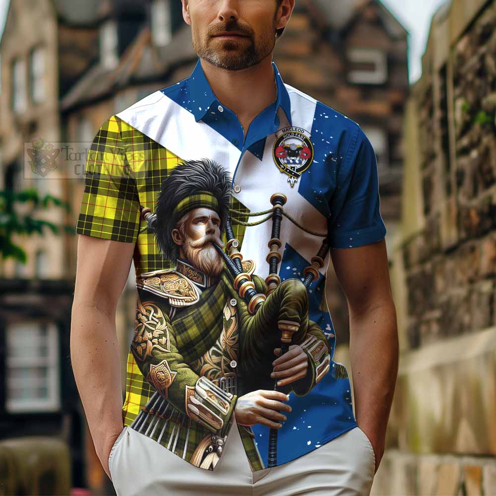 Tartan Vibes Clothing MacLeod (McLeod) Tartan Short Sleeve Button Shirt with Family Crest Scottish Bagpiper Vibes