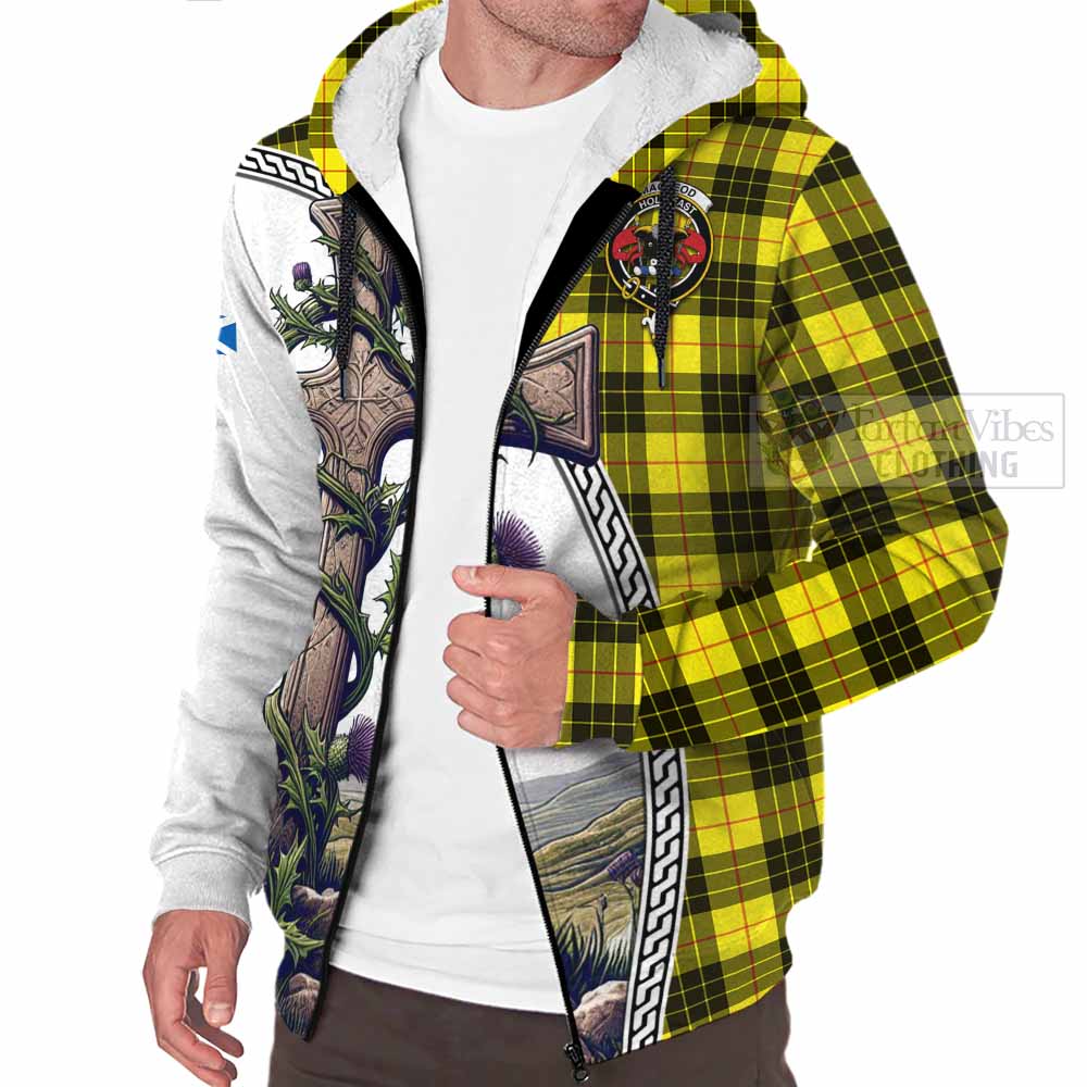 Tartan Vibes Clothing MacLeod (McLeod) Tartan Sherpa Hoodie with Family Crest and St. Andrew's Cross Accented by Thistle Vines