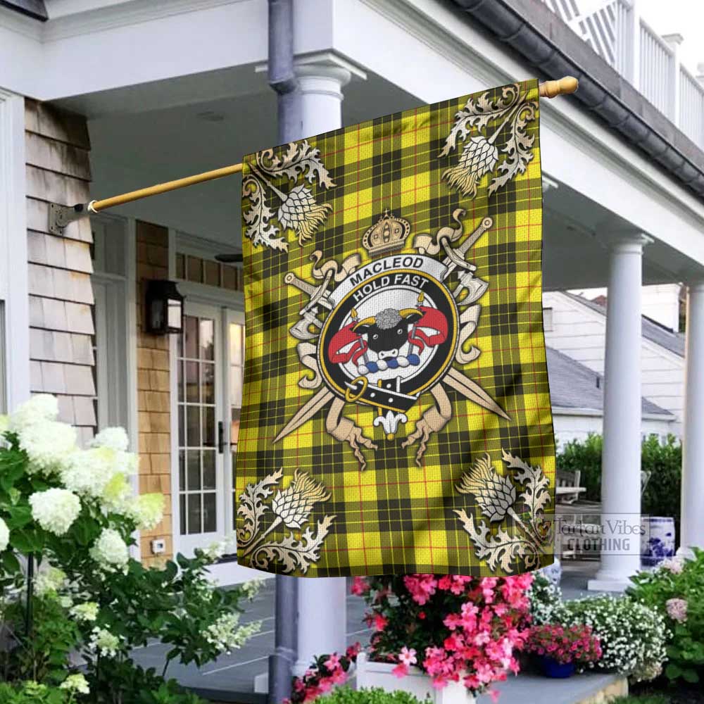 Tartan Vibes Clothing MacLeod (McLeod) Tartan Flag with Family Crest and Golden Thistle Crossed Sword Design