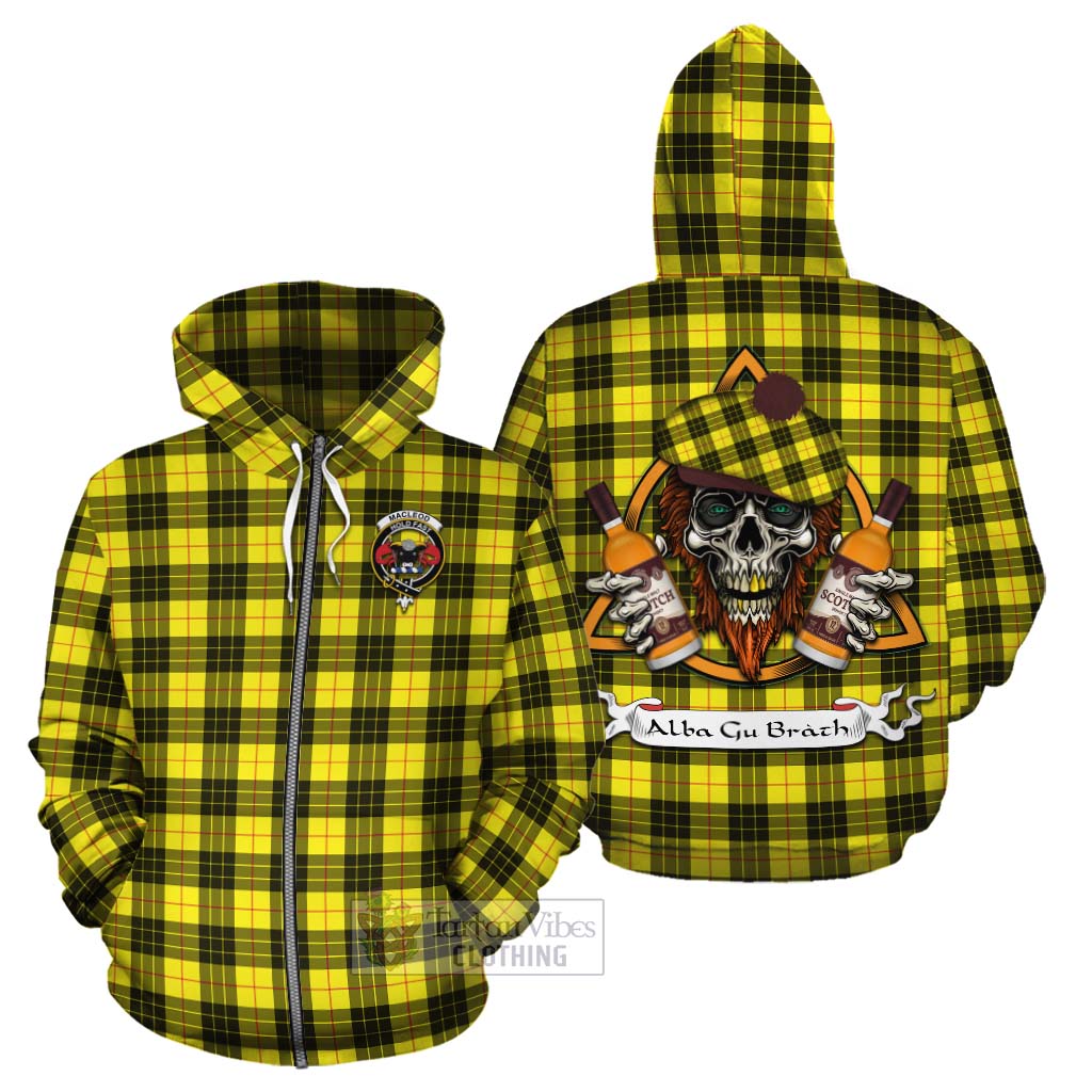 Tartan Vibes Clothing MacLeod (McLeod) Tartan Cotton Hoodie with Family Crest and Bearded Skull Holding Bottles of Whiskey