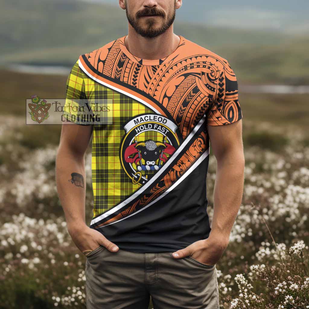 Tartan Vibes Clothing MacLeod (McLeod) Crest Tartan T-Shirt with Maori Tattoo Style - Orange Version