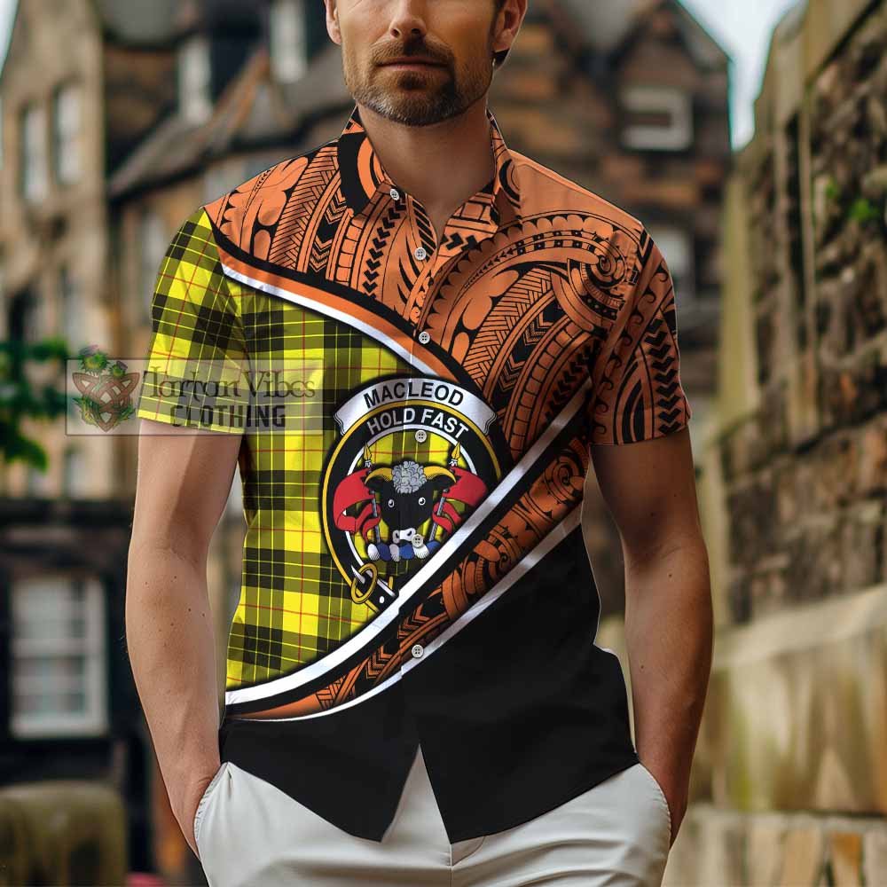 Tartan Vibes Clothing MacLeod (McLeod) Crest Tartan Short Sleeve Button Shirt with Maori Tattoo Style - Orange Version