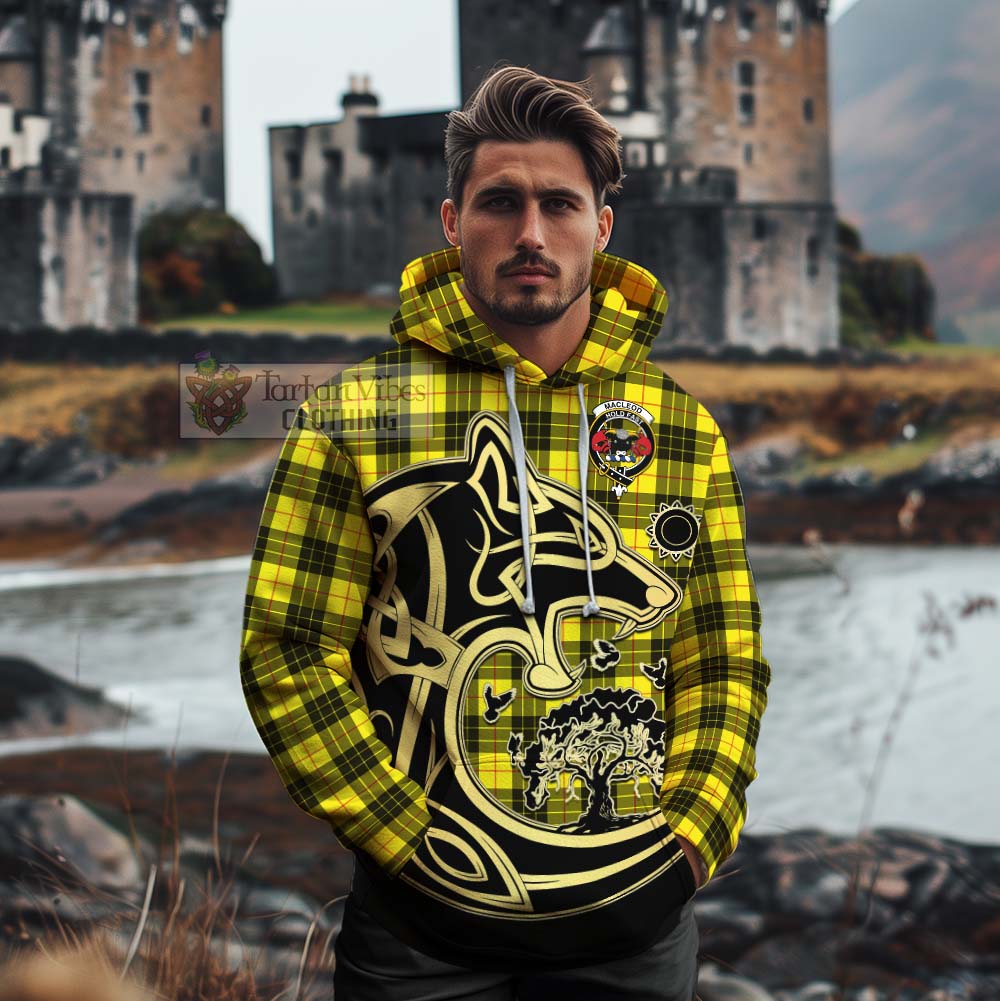 Tartan Vibes Clothing MacLeod (McLeod) Tartan Cotton Hoodie with Family Crest Celtic Wolf Style