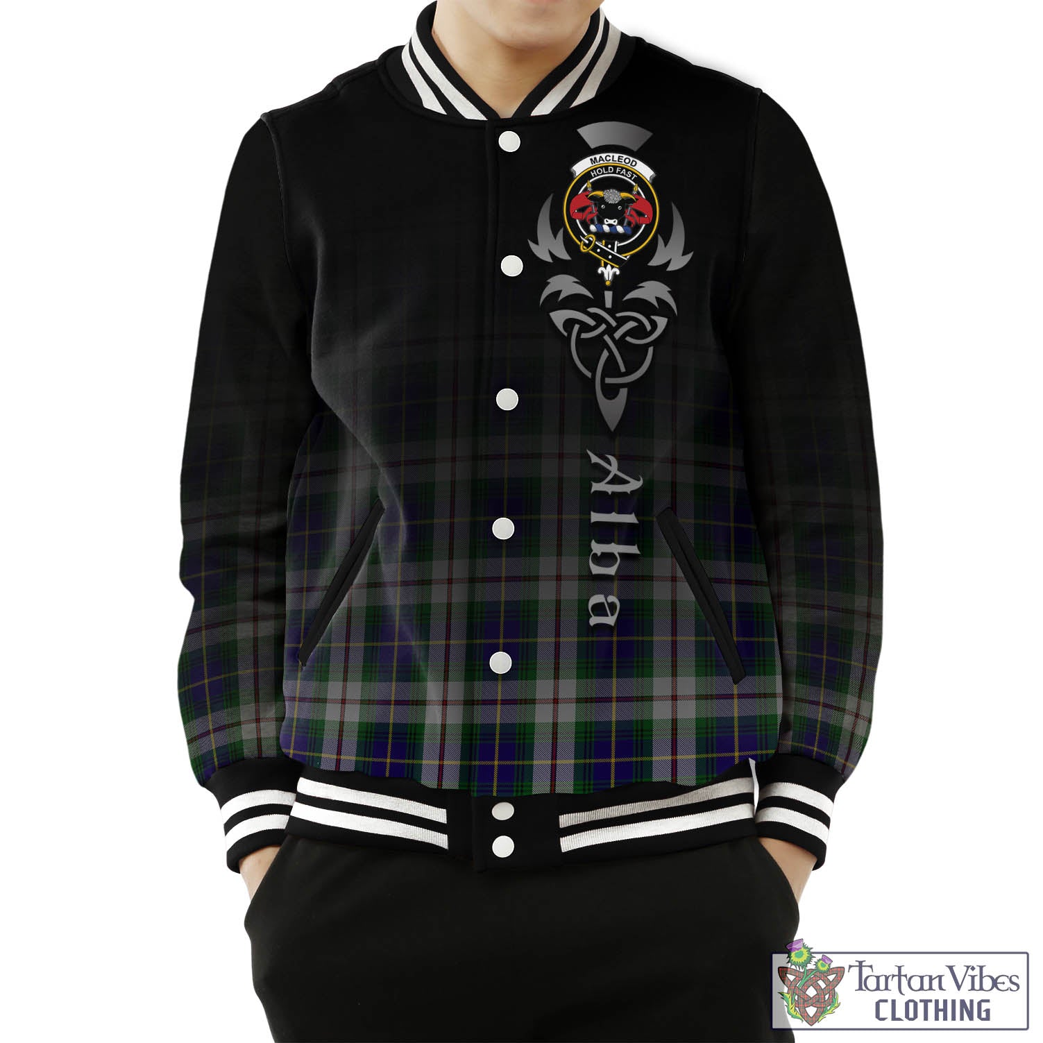 Tartan Vibes Clothing MacLeod Of Californian Tartan Baseball Jacket Featuring Alba Gu Brath Family Crest Celtic Inspired