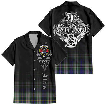 MacLeod Of Californian Tartan Short Sleeve Button Up Shirt Featuring Alba Gu Brath Family Crest Celtic Inspired