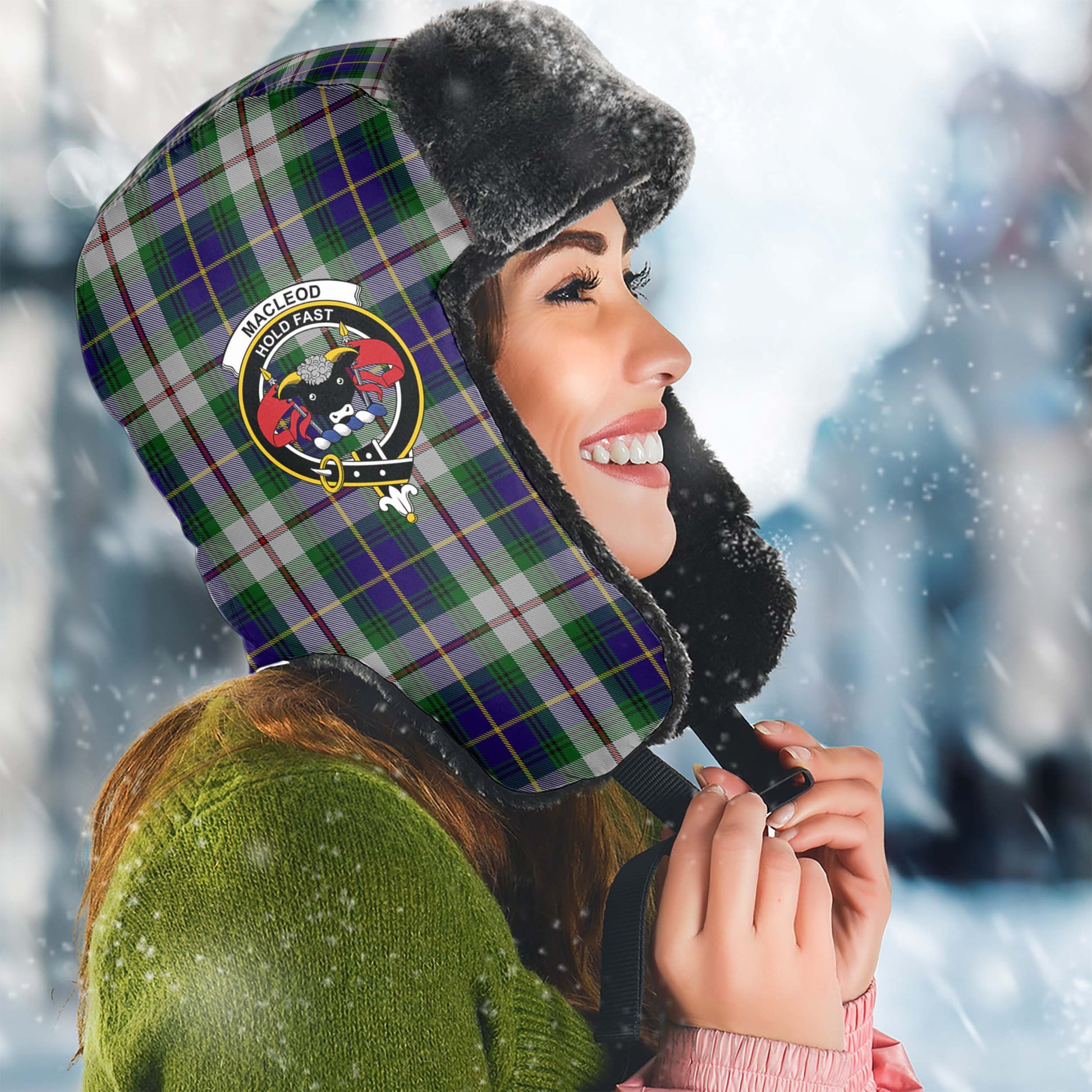 MacLeod Of Californian Tartan Winter Trapper Hat with Family Crest Winter Trapper Hat Universal Fit Circumference 22.8in (58cm) - Tartanvibesclothing