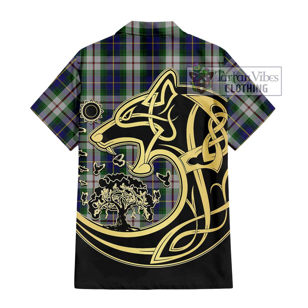 MacLeod Of Californian Tartan Short Sleeve Button Shirt with Family Crest Celtic Wolf Style - Tartan Vibes Clothing