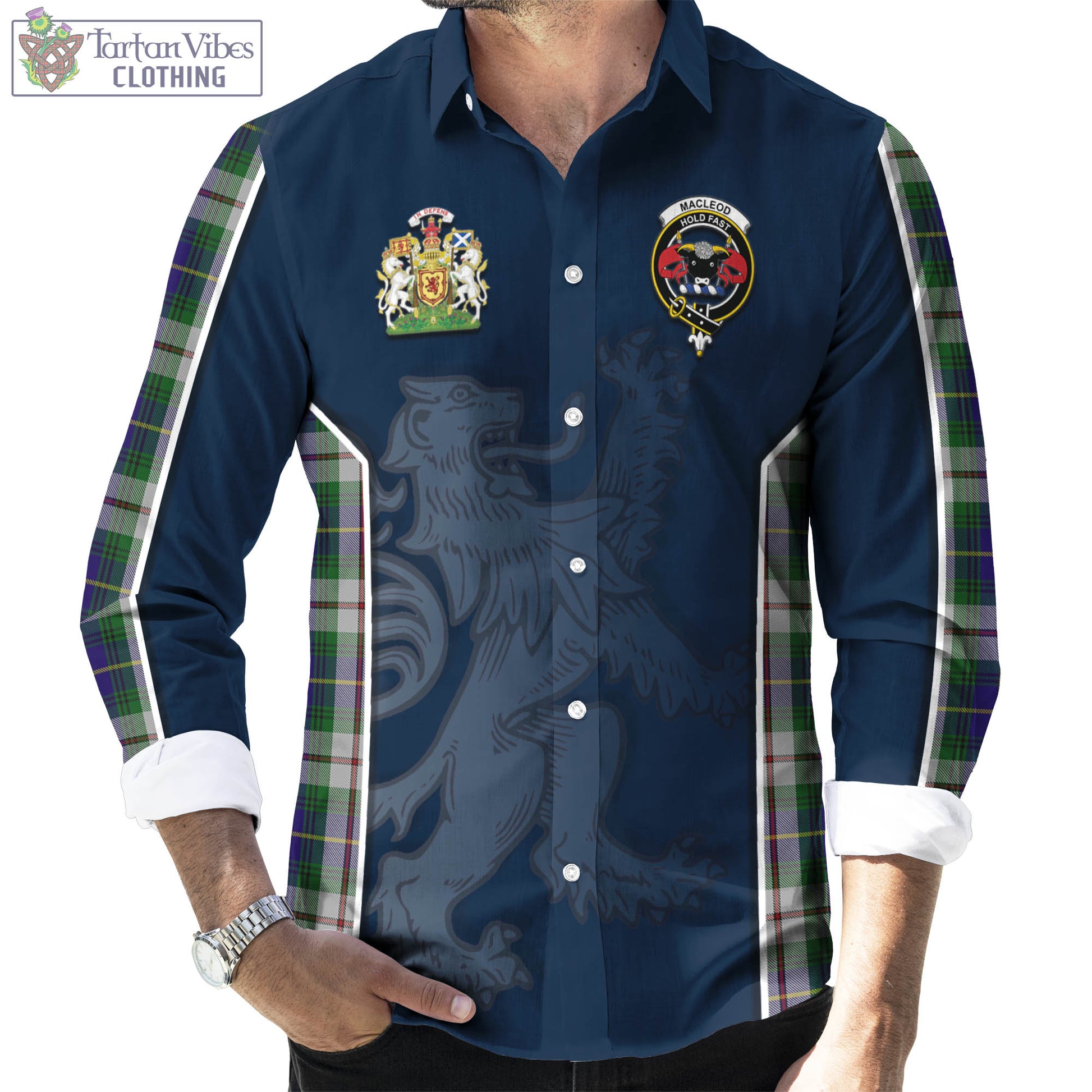 Tartan Vibes Clothing MacLeod Of Californian Tartan Long Sleeve Button Up Shirt with Family Crest and Lion Rampant Vibes Sport Style