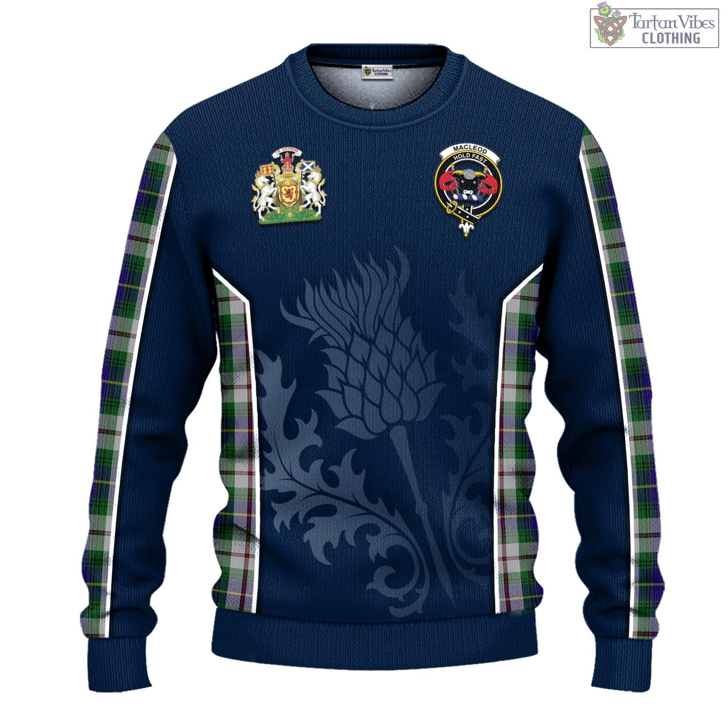 Tartan Vibes Clothing MacLeod Of Californian Tartan Knitted Sweatshirt with Family Crest and Scottish Thistle Vibes Sport Style