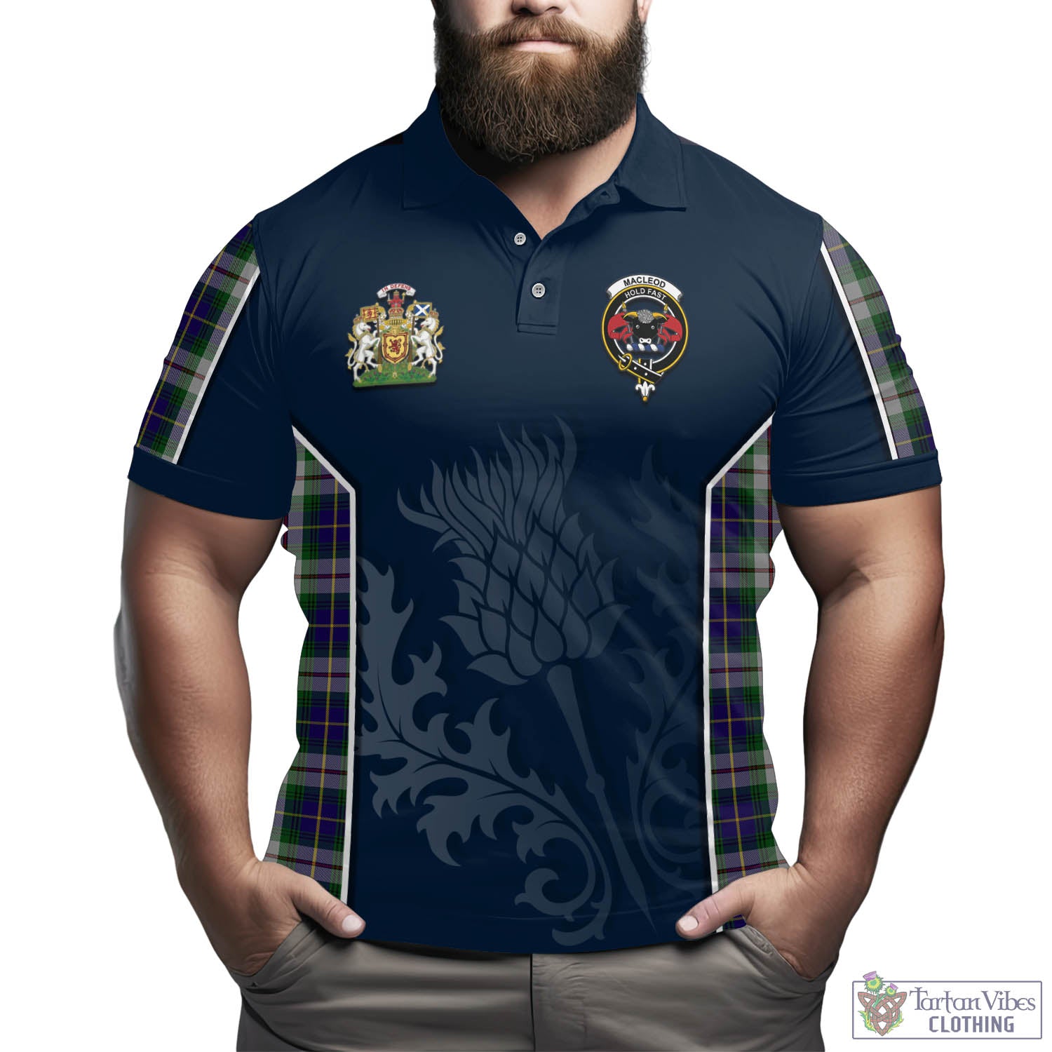 Tartan Vibes Clothing MacLeod Of Californian Tartan Men's Polo Shirt with Family Crest and Scottish Thistle Vibes Sport Style