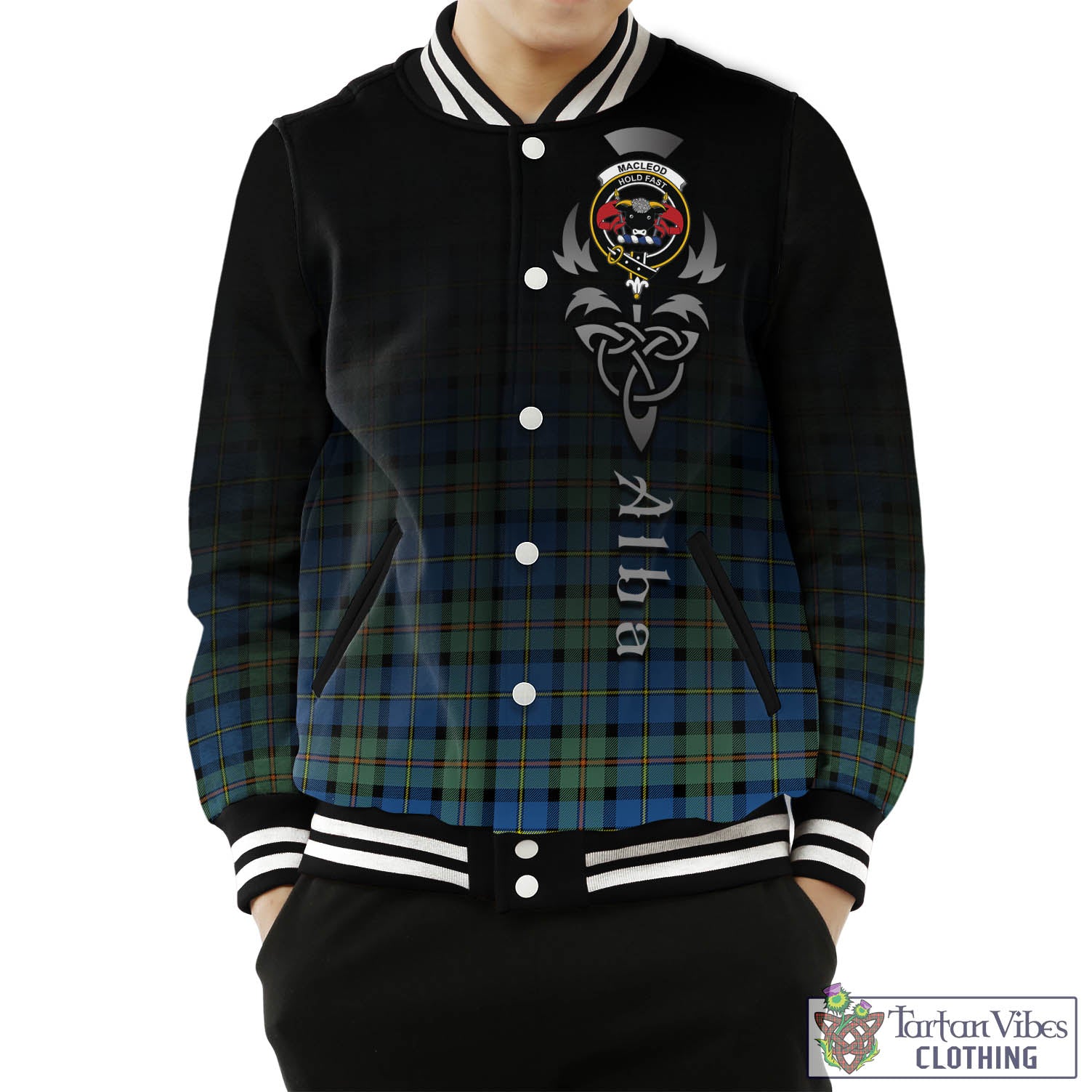 Tartan Vibes Clothing MacLeod of Harris Ancient Tartan Baseball Jacket Featuring Alba Gu Brath Family Crest Celtic Inspired