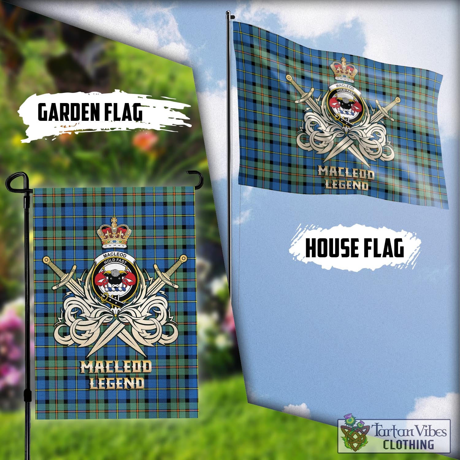 Tartan Vibes Clothing MacLeod of Harris Ancient Tartan Flag with Clan Crest and the Golden Sword of Courageous Legacy