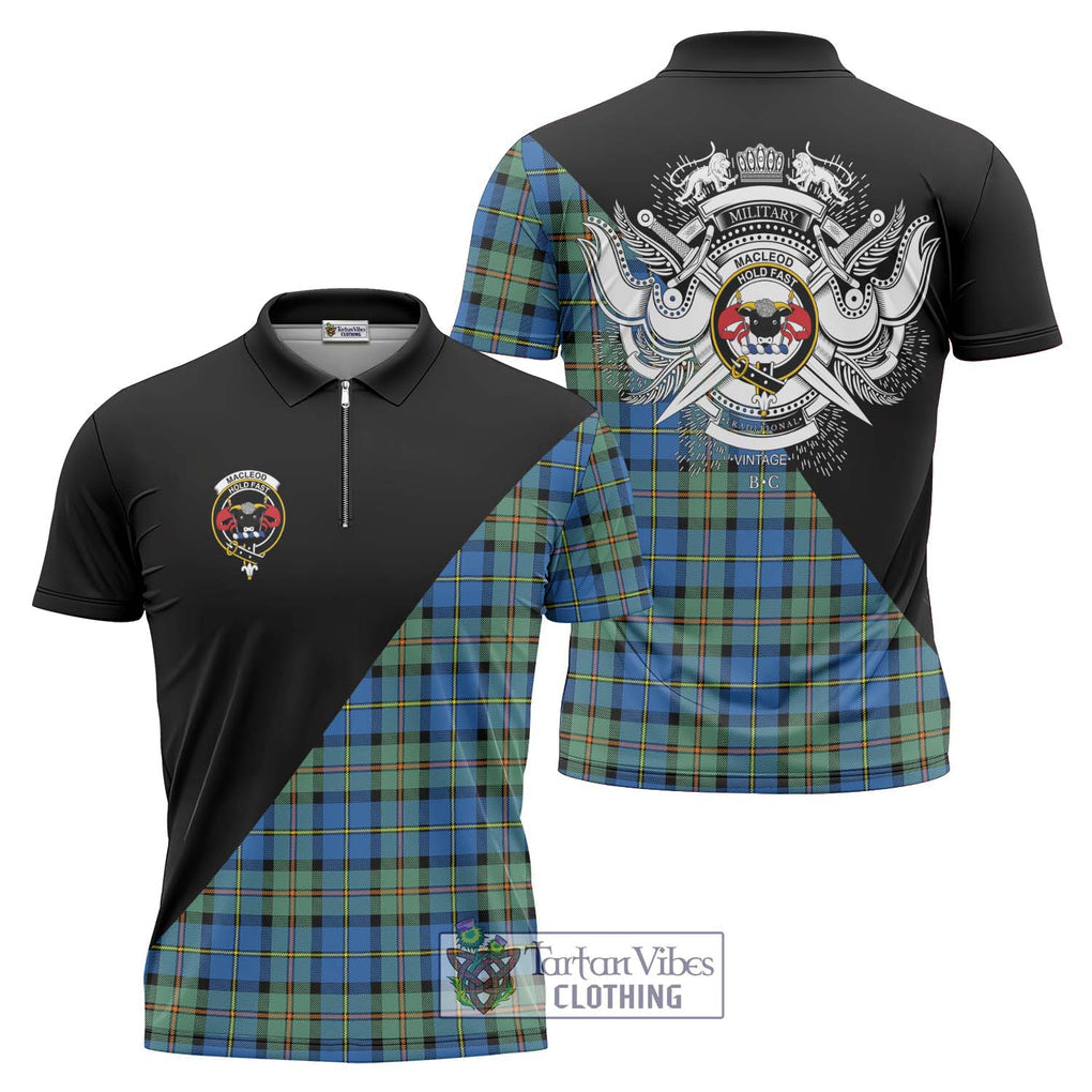 MacLeod of Harris Ancient Tartan Zipper Polo Shirt with Family Crest and Military Logo Style Unisex - Tartanvibesclothing Shop