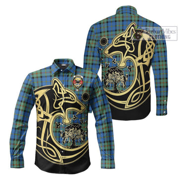 MacLeod of Harris Ancient Tartan Long Sleeve Button Shirt with Family Crest Celtic Wolf Style