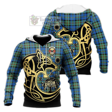 MacLeod of Harris Ancient Tartan Knitted Hoodie with Family Crest Celtic Wolf Style