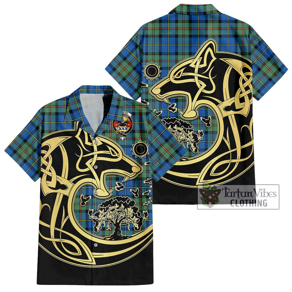 MacLeod of Harris Ancient Tartan Short Sleeve Button Shirt with Family Crest Celtic Wolf Style Kid - Tartan Vibes Clothing