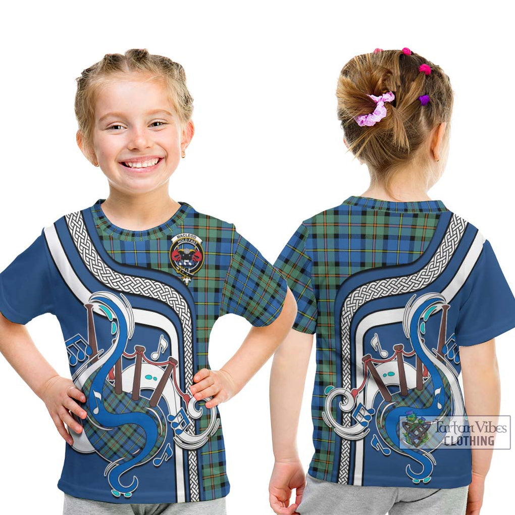 Tartan Vibes Clothing MacLeod of Harris Ancient Tartan Kid T-Shirt with Epic Bagpipe Style