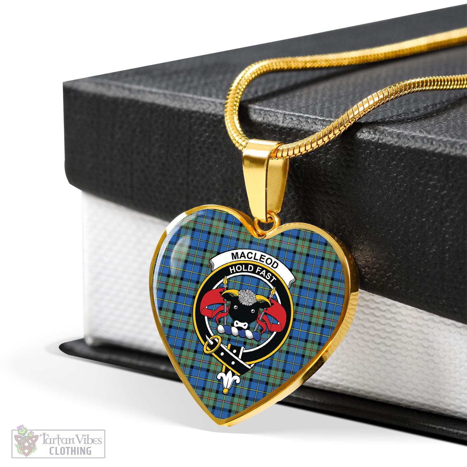 Tartan Vibes Clothing MacLeod of Harris Ancient Tartan Heart Necklace with Family Crest