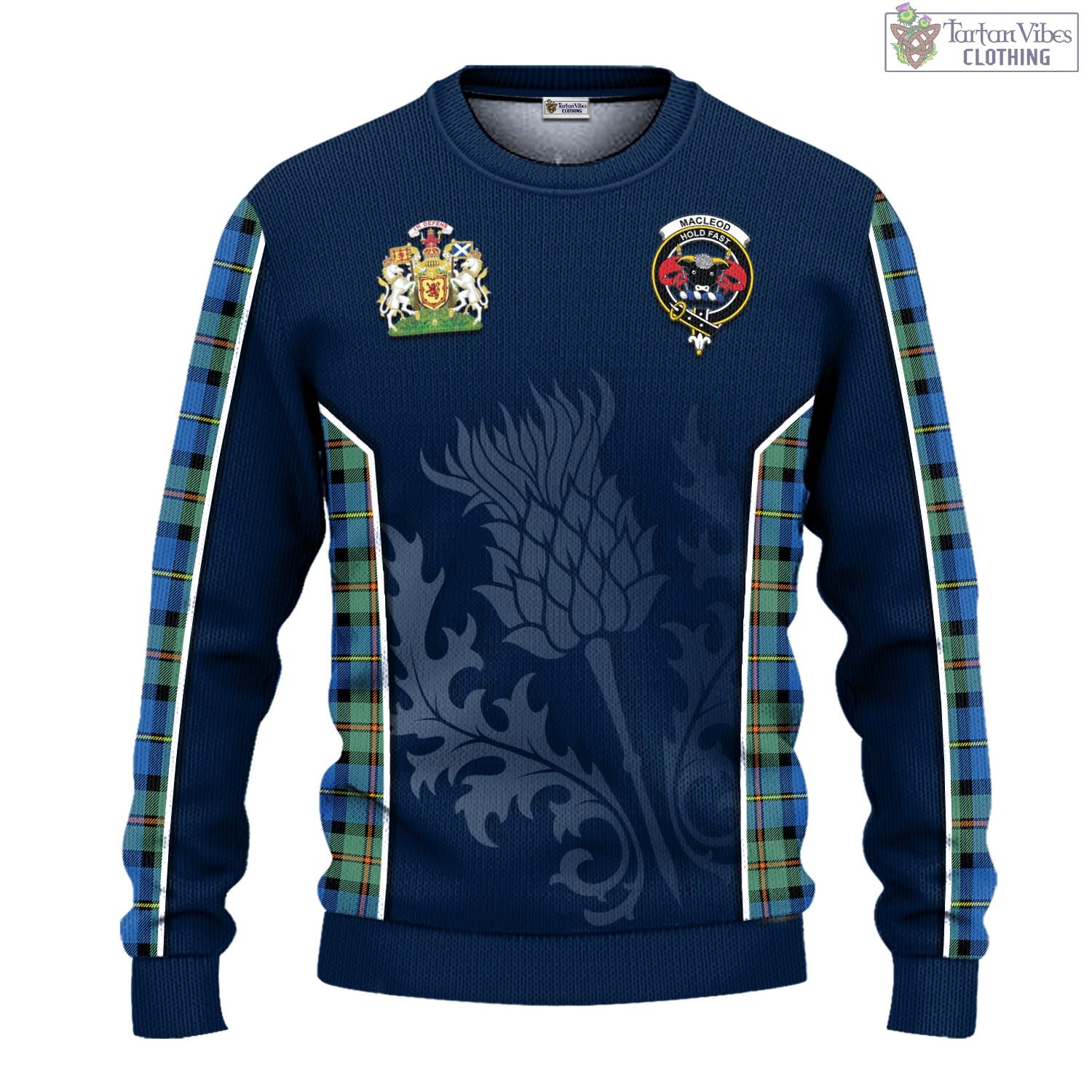 Tartan Vibes Clothing MacLeod of Harris Ancient Tartan Knitted Sweatshirt with Family Crest and Scottish Thistle Vibes Sport Style