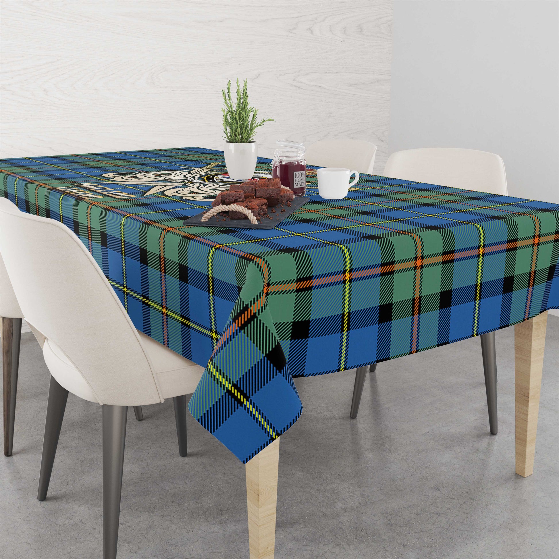 Tartan Vibes Clothing MacLeod of Harris Ancient Tartan Tablecloth with Clan Crest and the Golden Sword of Courageous Legacy