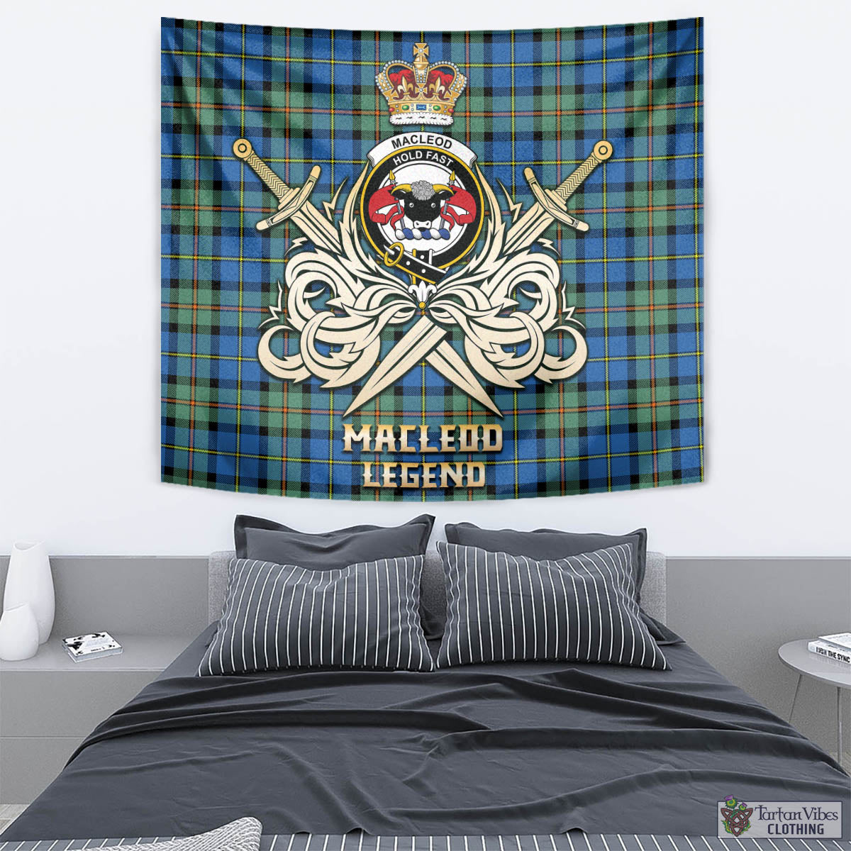 Tartan Vibes Clothing MacLeod of Harris Ancient Tartan Tapestry with Clan Crest and the Golden Sword of Courageous Legacy