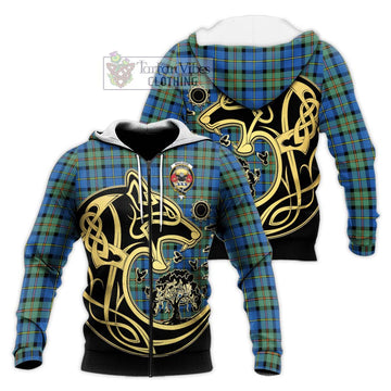 MacLeod of Harris Ancient Tartan Knitted Hoodie with Family Crest Celtic Wolf Style