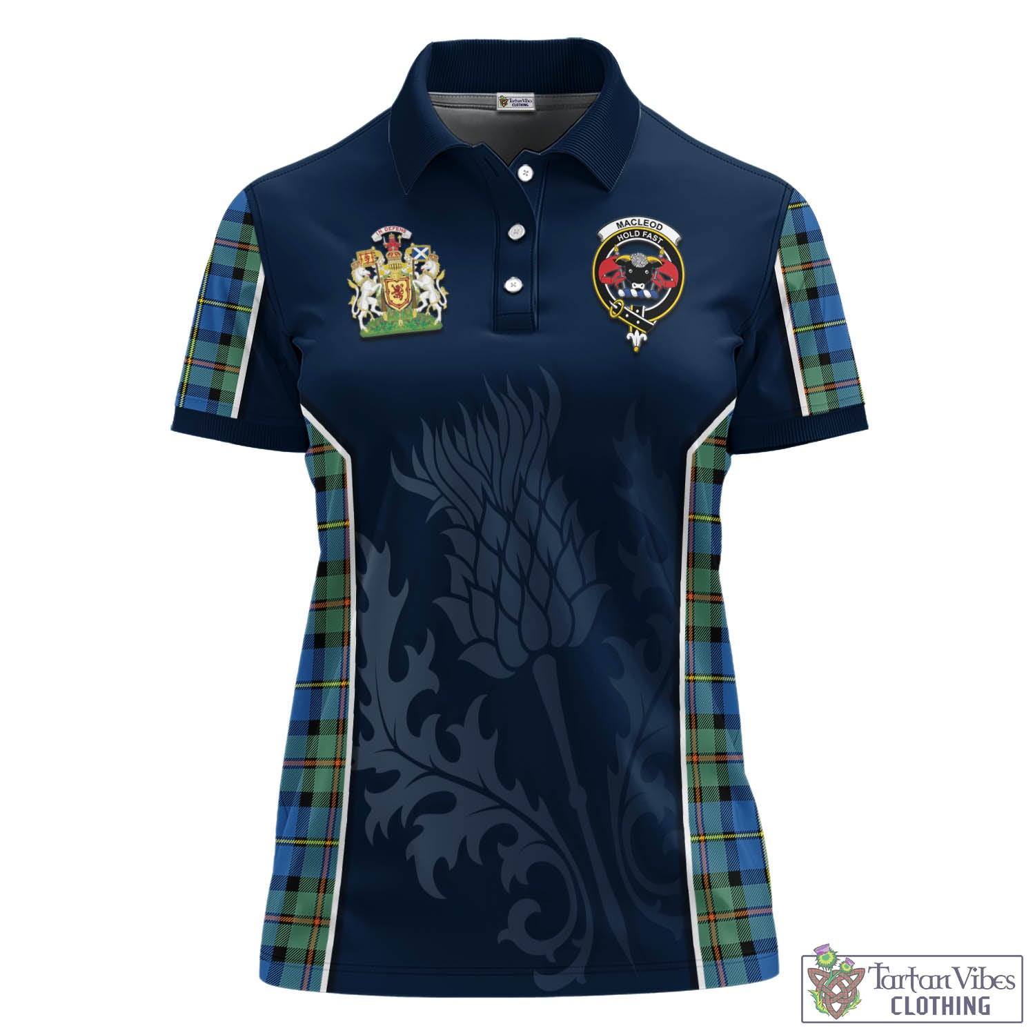 Tartan Vibes Clothing MacLeod of Harris Ancient Tartan Women's Polo Shirt with Family Crest and Scottish Thistle Vibes Sport Style