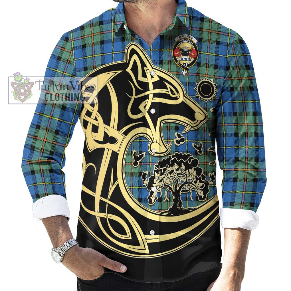 MacLeod of Harris Ancient Tartan Long Sleeve Button Shirt with Family Crest Celtic Wolf Style - Tartan Vibes Clothing