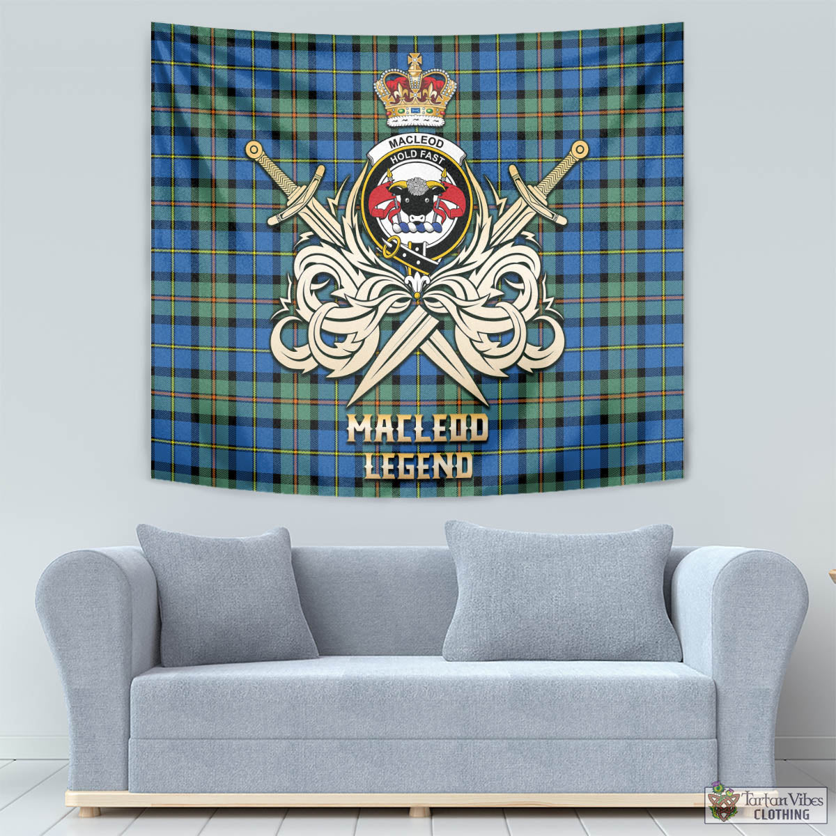 Tartan Vibes Clothing MacLeod of Harris Ancient Tartan Tapestry with Clan Crest and the Golden Sword of Courageous Legacy