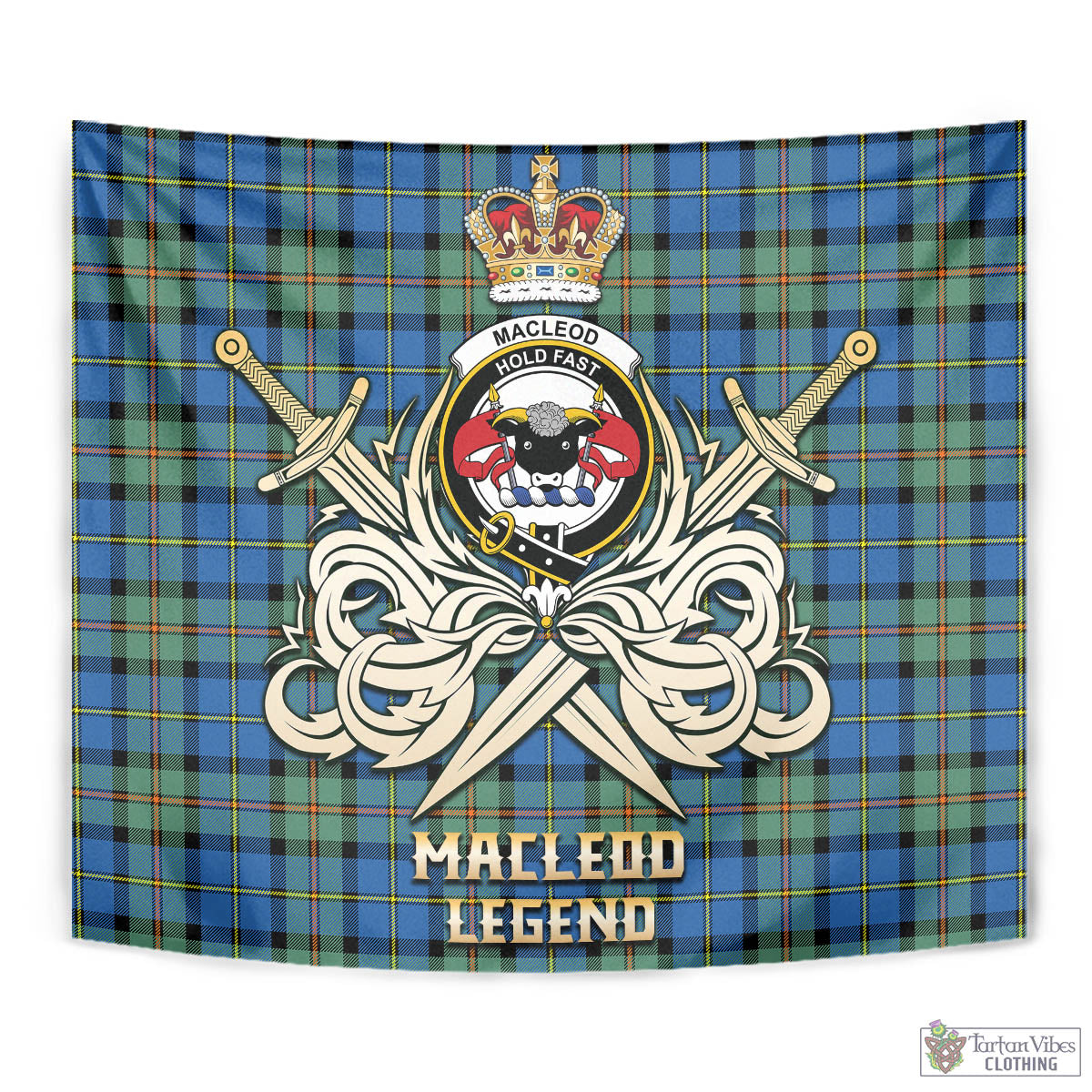 Tartan Vibes Clothing MacLeod of Harris Ancient Tartan Tapestry with Clan Crest and the Golden Sword of Courageous Legacy