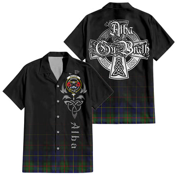 MacLeod of Harris Modern Tartan Short Sleeve Button Up Shirt Featuring Alba Gu Brath Family Crest Celtic Inspired