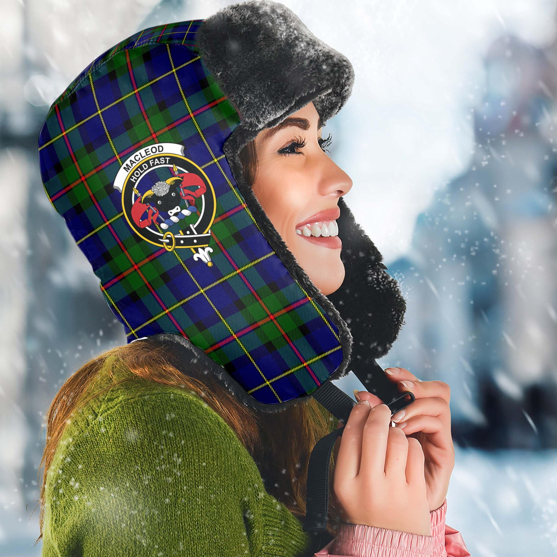 MacLeod of Harris Modern Tartan Winter Trapper Hat with Family Crest Winter Trapper Hat Universal Fit Circumference 22.8in (58cm) - Tartanvibesclothing