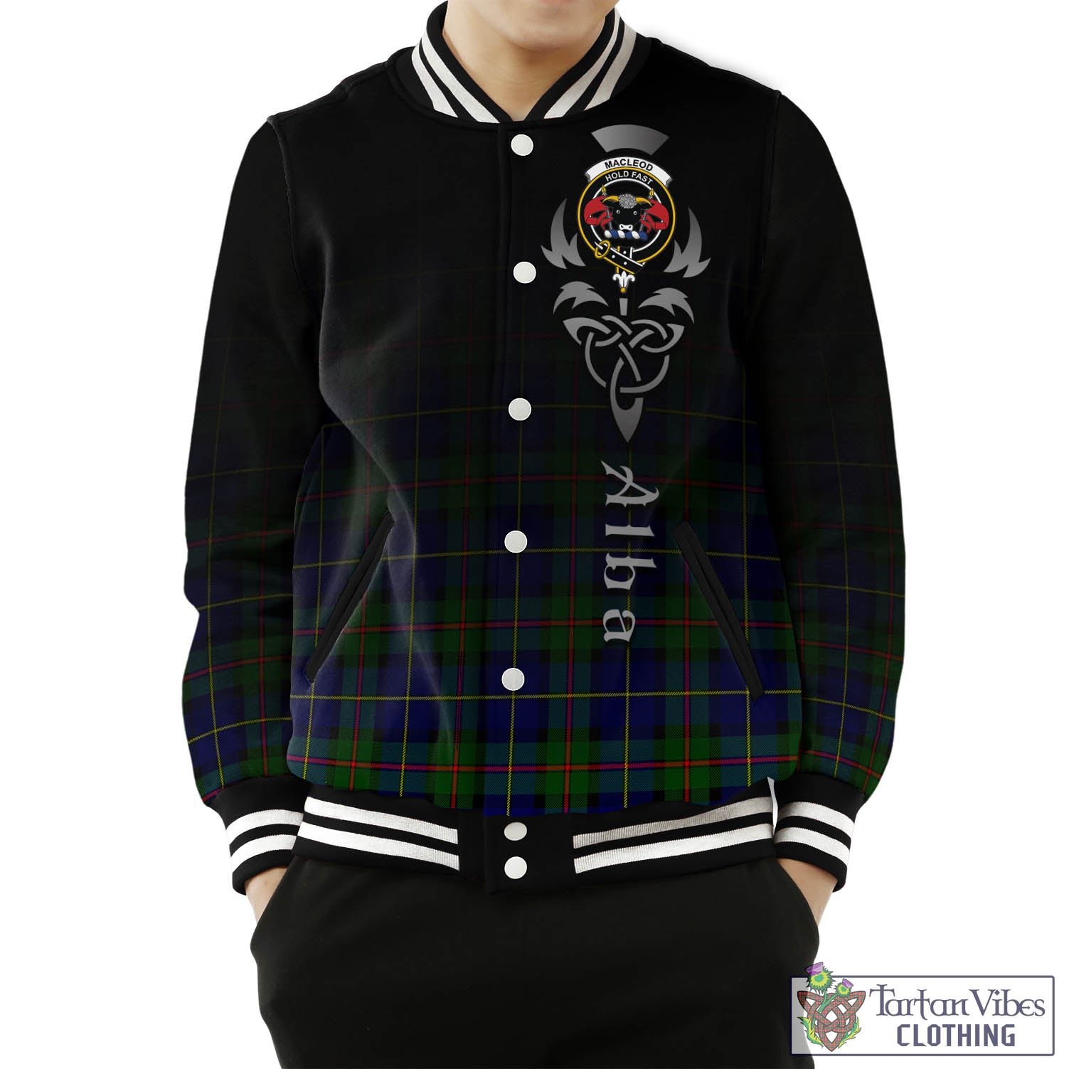 Tartan Vibes Clothing MacLeod of Harris Modern Tartan Baseball Jacket Featuring Alba Gu Brath Family Crest Celtic Inspired