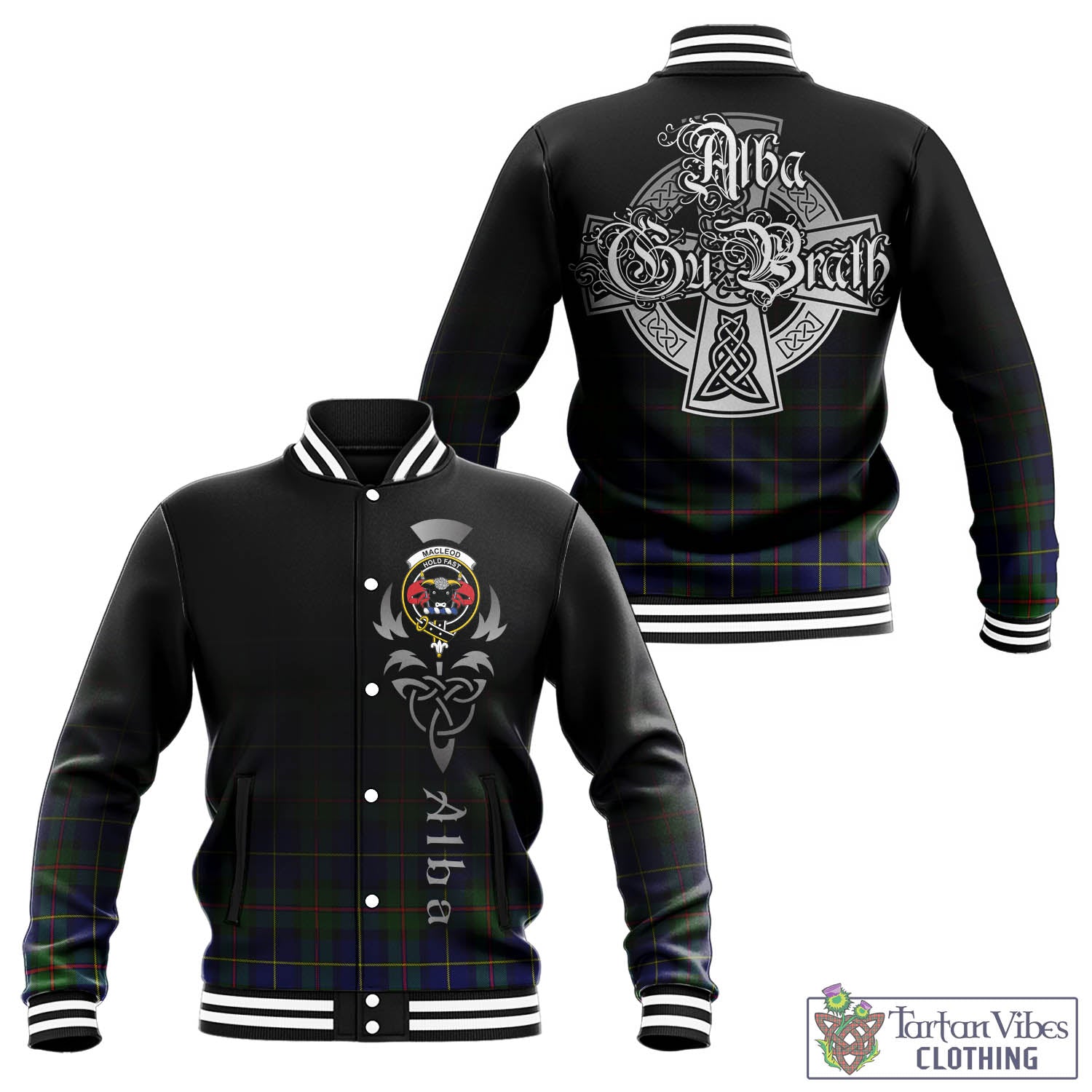 Tartan Vibes Clothing MacLeod of Harris Modern Tartan Baseball Jacket Featuring Alba Gu Brath Family Crest Celtic Inspired