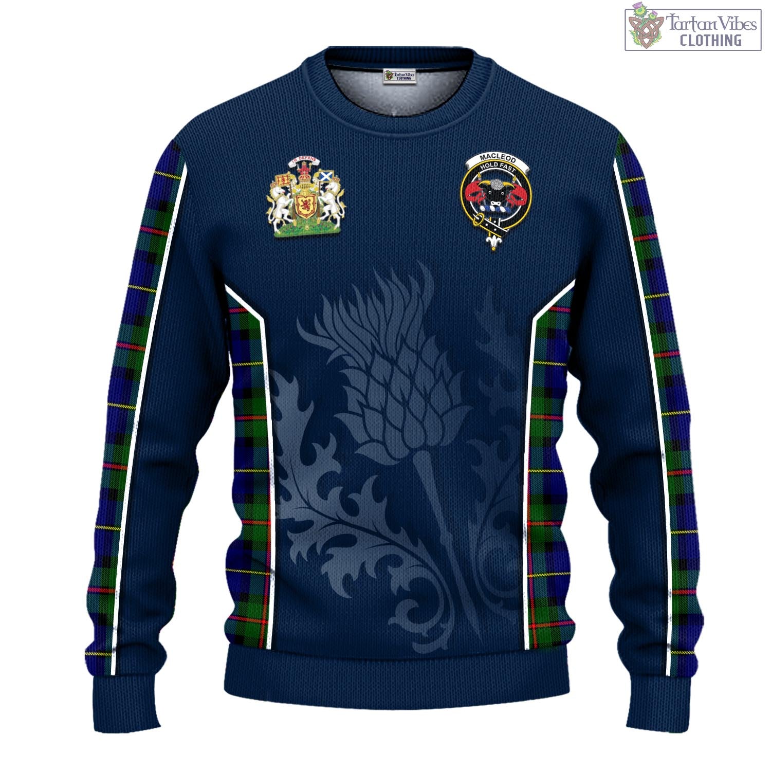 Tartan Vibes Clothing MacLeod of Harris Modern Tartan Knitted Sweatshirt with Family Crest and Scottish Thistle Vibes Sport Style