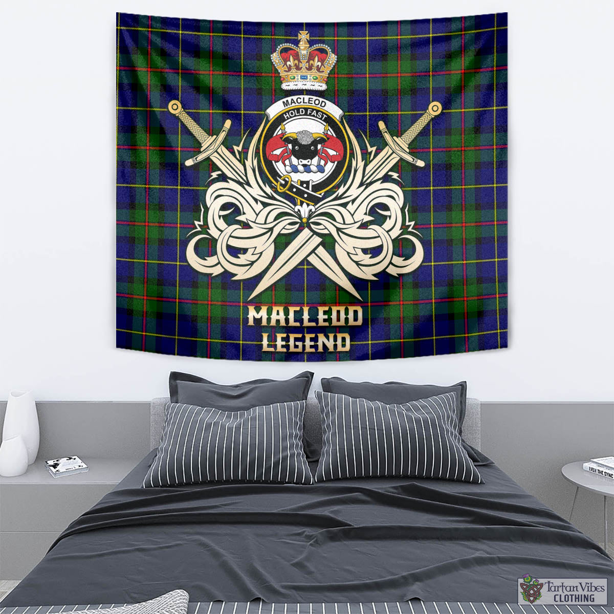 Tartan Vibes Clothing MacLeod of Harris Modern Tartan Tapestry with Clan Crest and the Golden Sword of Courageous Legacy