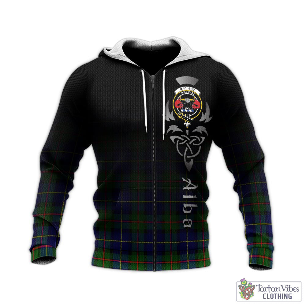 Tartan Vibes Clothing MacLeod of Harris Modern Tartan Knitted Hoodie Featuring Alba Gu Brath Family Crest Celtic Inspired