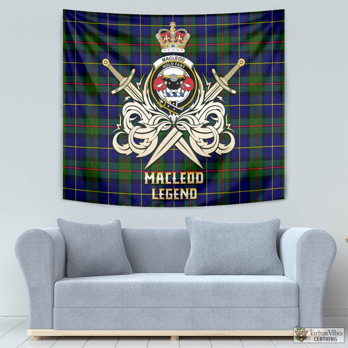 Tartan Vibes Clothing MacLeod of Harris Modern Tartan Tapestry with Clan Crest and the Golden Sword of Courageous Legacy